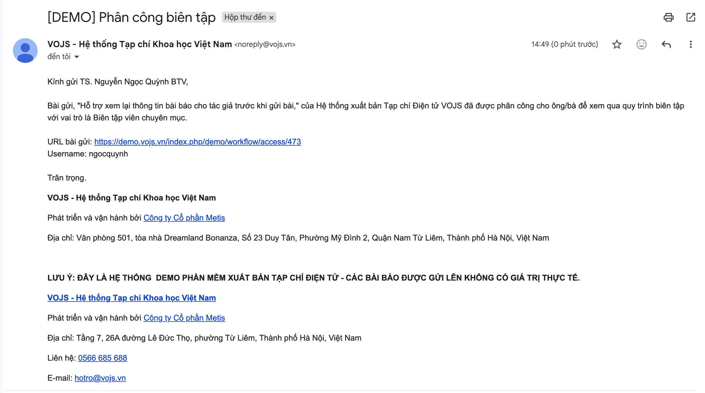 Thư mời phụ trách bài báo gửi đến Biên tập viên qua email