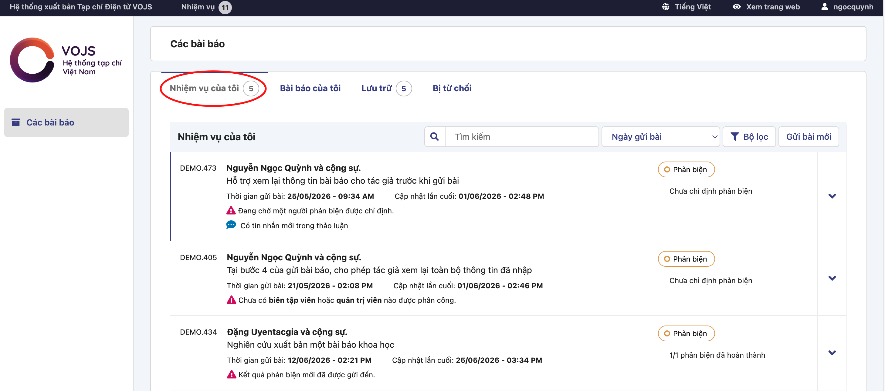 Danh sách bài báo được phân công trong mục Nhiệm vụ của tôi