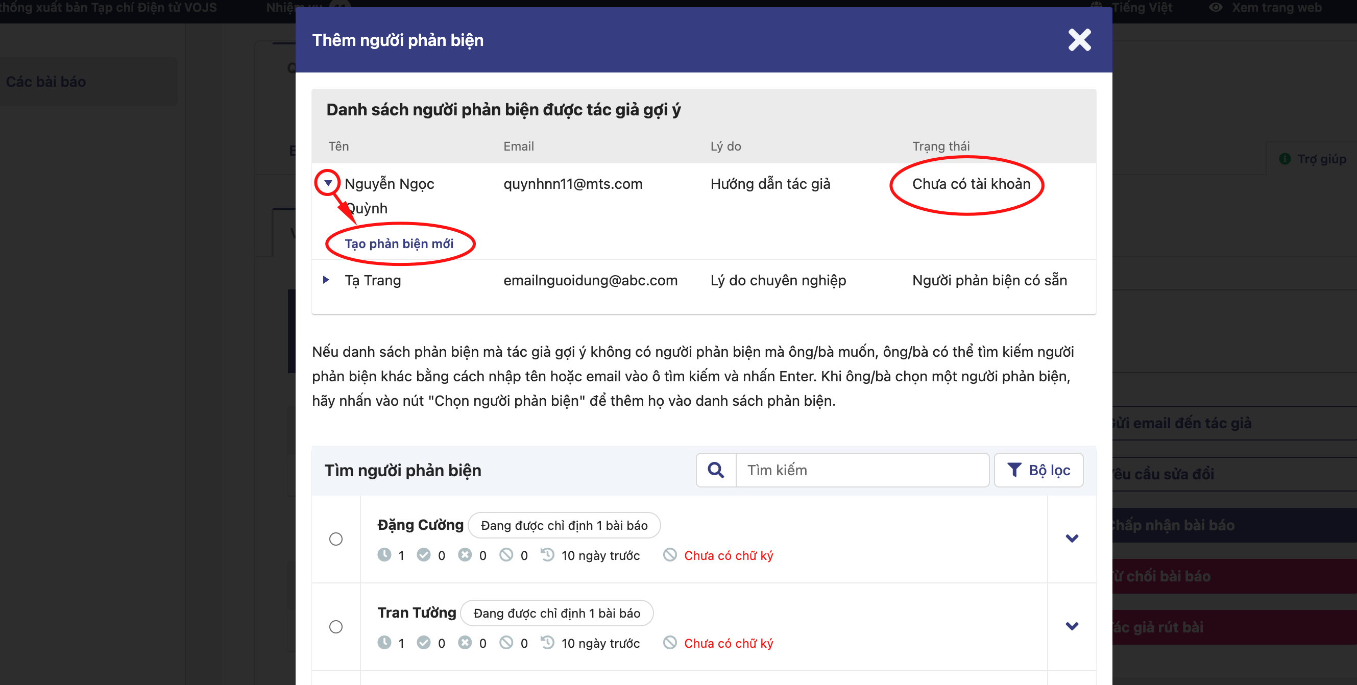 Chọn Tạo mới Người phản biện đối với phản biện gợi ý chưa có tài khoản