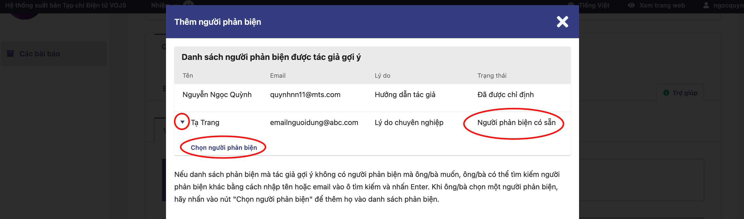 Chọn Người phản biện đối với người gợi ý đã có tài khoản trên hệ thống